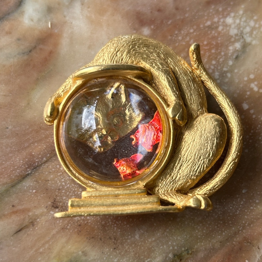Vintage JJ Gold Cat Goldfish Bowl Brooch